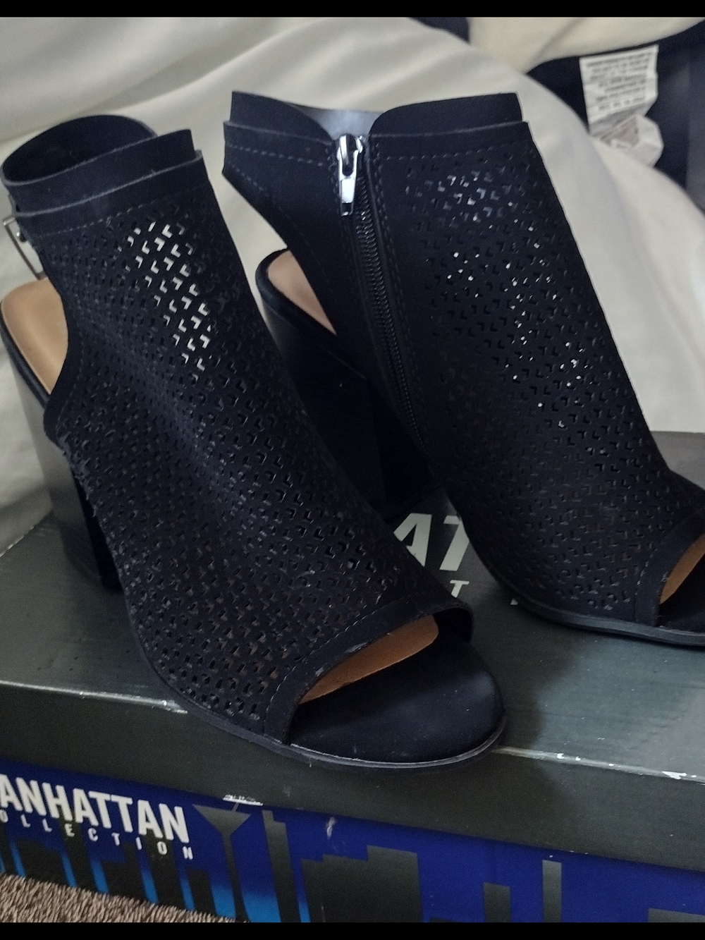 Women's Black Perforated Peep-Toe Ankle Booties Side Zip Adjustable Buckle Sz9